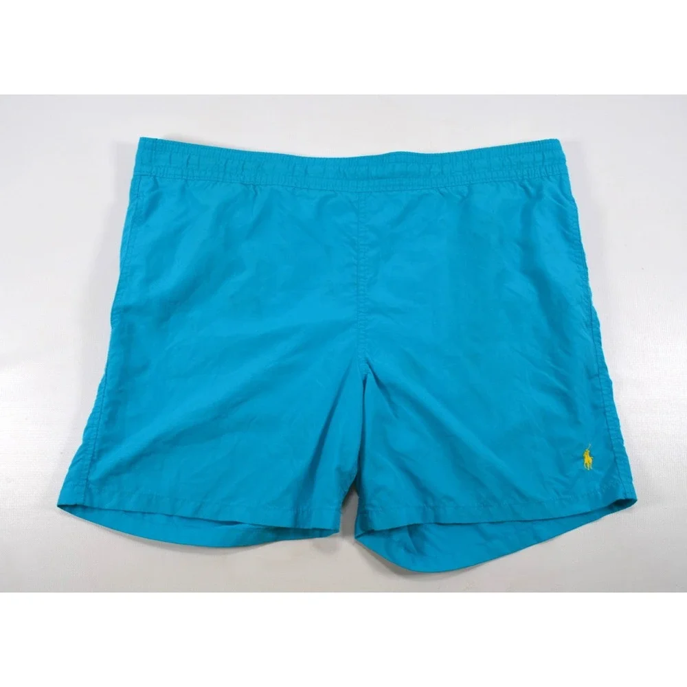 Polo Ralph Lauren Blue Swim Trunks Mens L Mesh Brief Drawstring‎ Yellow Pony
